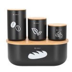 Bote  pain - e - 6060 - acier laqu noir - couvercle en bois de bambou - 3 rcipients inclus