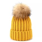 Bonnet - femme - jaune - coton - pompom amovible - mailles torsades
