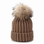 Bonnet - marron - femme - coton - pompom amovible - mailles torsades