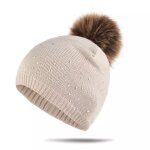 Bonnet - beige - laine - pompom - strass