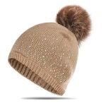 Bonnet - brun - laine - pompom - strass