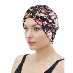 Bonnet turban satin noir fleurs chimio perte de cheveux foulard hijab alopcie thnic cotton head scarf ...