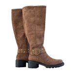 Bottes femme pour mollet large carmelyna - bottes hautes en daim taupe  boucle dor