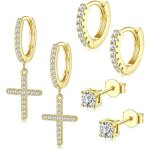 Boucles doreilles pour homme femme plaqu or 14 carats croix cz boucles doreilles dangle boucles doreilles ...