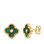 Boucles doreilles or 18 carats 750 jaune motif tr�fle - malachite et zirconium - bo21435