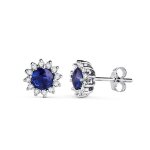 Boucles doreilles en or blanc 18 carats pour femme 9 mm. saphir central 056 ct. combin 24 diamants 0014 ...