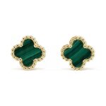 Boucles doreilles or jaune et malachite - puces motif tr�fle � quatre feuilles