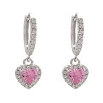 Boucles d?oreilles c?ur femme ? cristal rose �tincelant et zirconiums ? cr�oles argent 925 �l�gantes