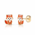 Boucles d?oreilles enfant en or 18 carats 750 jaune et �mail ? motif renard