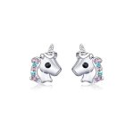 Boucles doreilles - enfant - puces - licorne - argent fin 925 / 1000 - cristal - rose - turquoise