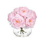 Bouquet de 6 pivoines artificielles roses r�alistes en polyur�thane avec vase en verre rond et eau artificiell ...