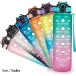 Bouteille deau de sport avec marquage de lheure 1 l avec paille et sangle de transport vert / violet