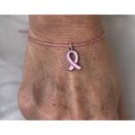 Bracelet octobre rose en coton rose fils d?or coulissant pendentif acier ruban rose