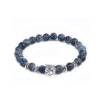 Bracelet perles * 8 mm pierres rondes bleu ptrole avec tte de lopard plaqu chrom vintage unisex