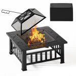 Brasero extrieur - bealife - carr - grille de protection pare - tincelles - acier - pole  bois - ...