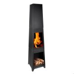 Brasero sur pied - acier noir au carbone - 150 x 36 x 36 cm - bac de rcupration - rangement bois