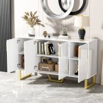 Buffet 140 x 40 x 80 cm - redom - 4 portes laqu� blanc brillant poign�es et pieds m�tal mdf design g�om�trique ...