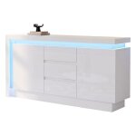Buffet 140x35x72 cm 3 tiroirs 2 portes led laqu� blanc pour salon et chambre.