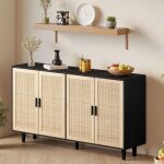 Buffet 158 cm - bahut 4 portes avec cannage �tag�res r�glables pieds bois massif bois et noir 158x40x88 ...