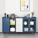 Buffet 3 portes et 2 tiroirs etag�re ouverte buffet bas de salon meuble de rangement style moderne bleu ...