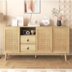 Buffet avec 3 portes coulissantes en rotin v�ritable et 2 tiroirs 155 x 38 x 80 cm respirant stable et ...