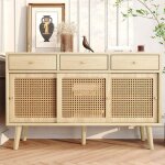 Buffet avec 3 tiroirs et 3 portes coulissantes portes en rotin et �tag�res r�glables pieds en bois massif ...