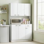 Buffet armoire de cuisine design contemporain multi - rangements 6 portes 1 tiroir + grand plateau blanc ...