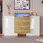 Buffet bahut 2 portes 3 tiroirs led 140 * 30 * 77. 5cm rangement meuble de salon blanc brillant et couleur ...