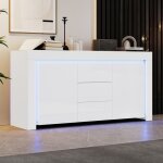 Buffet bahut blanc brillant 140 cm 3 tiroirs 2 portes avec bande led rangement moderne pour couloir / ...
