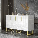 Buffet - bahut buffet brillant 4 portes design g�om�trique blanc 140x40x80 cm - poign�es & pieds m�tal ...