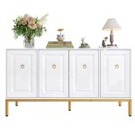 Buffet bahut laqu� blanc - 4 portes avec poign�es dor�es et pieds m�tal dor� rangement mdf 140�40�80 ...