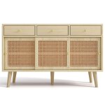 Buffet - bahut moderne 3 tiroirs 3 portes coulissantes cannage rotin - �tag�res r�glables - 120x40x78 ...