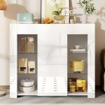 Buffet bahut moderne - tanant - 95x35x83cm - 1 porte - 6 �tag�res en verre - blanc brillant