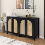 Buffet bahut buffet moderne minimaliste 4 portes rotin poign�es m�tal noir - salon salle � manger cuisine ...
