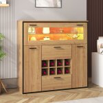 Buffet bar - meuble de rangement avec casier � vin - vitrine en verre - led - 110 x 38 x 111 cm