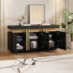 Buffet bas design 140cm noir et or plateau effet marbre noir meuble de rangement avec 3 portes push - ...