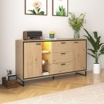 Buffet bas 160 x 40 x 85 cm meuble de rangement avec eclairage led 2 portes 3 tiroirs 3 compartiments ...