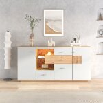 Buffet bas - 160cm - led rgb & 4 tiroirs - style scandinave d�cor ch�ne et blanc