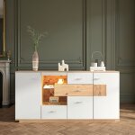 Buffet bas - 160cm - meuble de rangement avec led rgb & 4 tiroirs - style scandinave décor chêne et blanc ... Buffet bas - 160cm - meuble de rangement avec led rgb & 4 tiroirs - style scandinave décor chêne et blanc ...