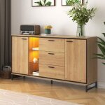Buffet bas 3 tiroirs 2 portes etag�res en verre � led eclairage style industriel meuble salon bois et ...