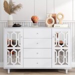 Buffet bas blanc miroir avec poign�es en cristal - 2 portes - 4 tiroirs armoire polyvalente pour salon ...