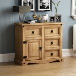 Buffet bas corona 1 porte 4 tiroirs en pin massif finition cirée ? table armoire meuble de rangement Buffet bas corona 1 porte 4 tiroirs en pin massif finition cirée ? table armoire meuble de rangement