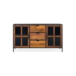 Buffet bas - industriel - métal & bois de manguier - 3 tiroirs - 2 portes vitrées - 150x40x80 cm Buffet bas - industriel - métal & bois de manguier - 3 tiroirs - 2 portes vitrées - 150x40x80 cm