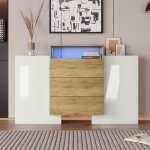 Buffet bas maisentiel 140 cm effet bois naturel et blanc laqu� design contemporain unique led multicolore ...