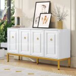 Buffet bas maisentiel blanc laqu� 140x40x80 cm pieds m�talliques dor�s poign�es anneau dor�es mdf et ...
