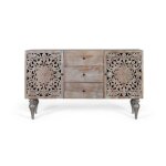 Buffet bas - mangoholz - 2 portes sculpt�es - 3 tiroirs - gris vintage