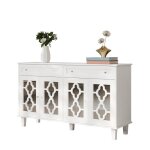 Buffet blanc 140 x 40 x 83 cm 4 portes miroir avec tiroirs �tag�res r�glables et poign�es en cristal ...