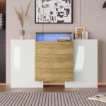 Buffet blanc et bois avec lumire ledbuffet de salon avec 2 portes et 3 tiroirscommode blanc laqu armoire ...