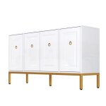 Buffet blanc laqu brillant aux poignes et pieds dors - avec tagres intgres - design lgant pour ...