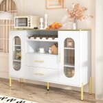 Buffet blanc avec portes vitr�es et rangement � vin - pieds r�glables et grand espace de stockage